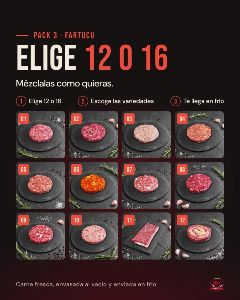 Pack Fartucu de Cárnicas Dani: elige 12 o 16 hamburguesas artesanas entre 12 variedades